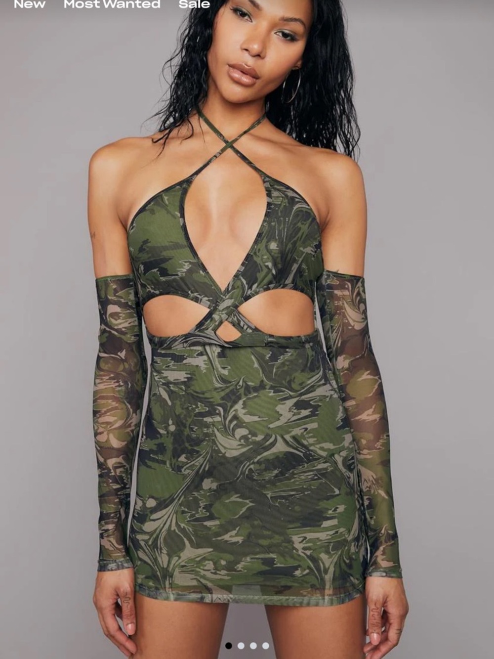 POSTER GIRL I’m a catch Olive Green Camo Cutout Halter Mini Dress